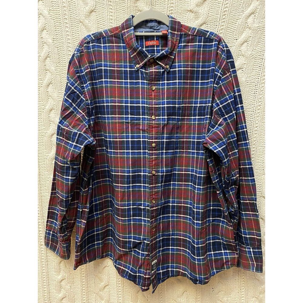 IZOD‎ Men's Shirt  XXL Plaid Red Blue Green Button Down L/S 100% Cotton Grandpa